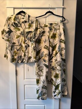 Zara Cream Shirt with Green & Olive Botanical Print
